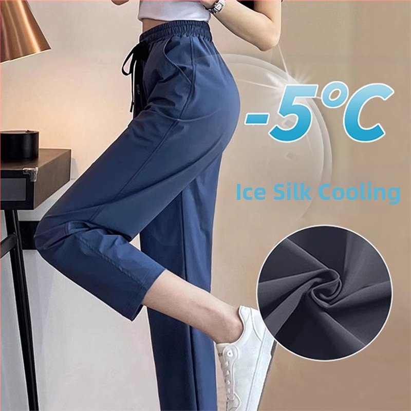 Γυναικείοι παντελόνες ice-silk για καλοκαίρι, λεπτές και δροσερές, cropped μήκος, ψηλόμεσες, άνετες, στυλ χαρέμ-καρότο