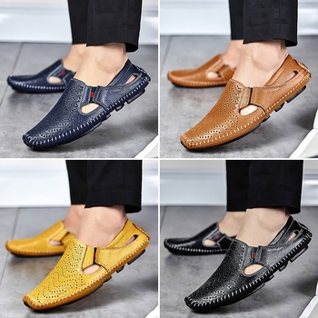 Férfi nyári slip-on szandálok, nagy méretben, könnyű felsőréteg marhabőrből, lélegző perforált kialakítás, hétköznapi‑formális lábbeli