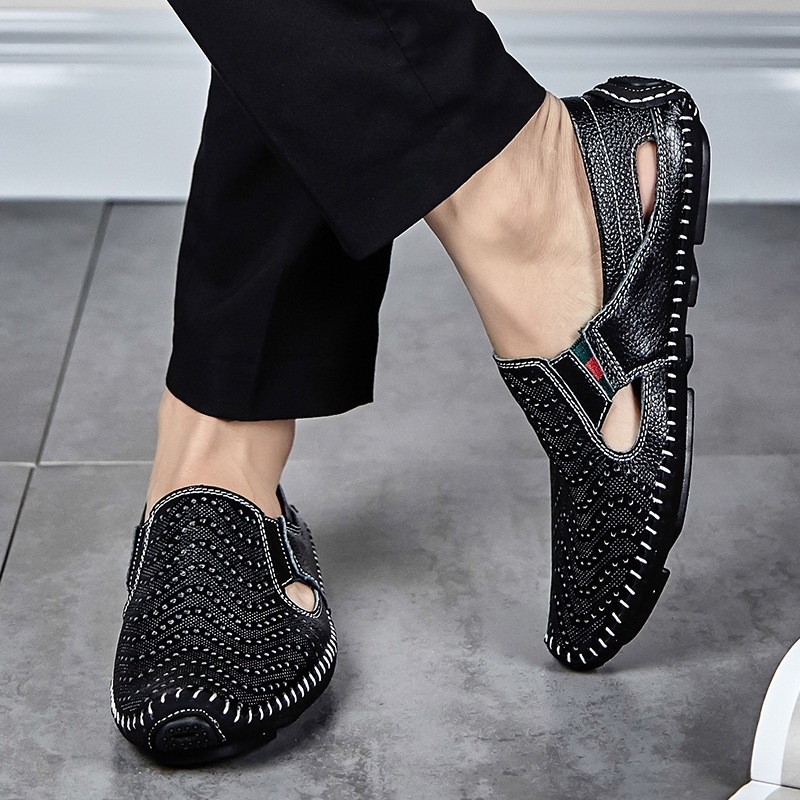 Férfi nyári slip-on szandálok, nagy méretben, könnyű felsőréteg marhabőrből, lélegző perforált kialakítás, hétköznapi‑formális lábbeli