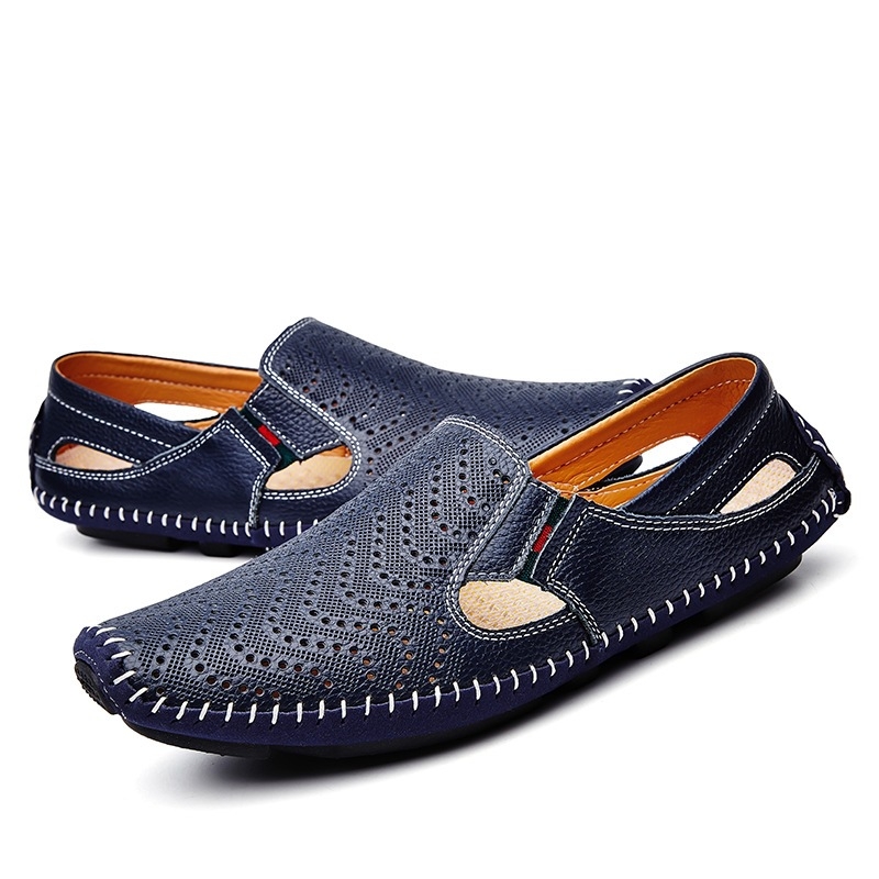 Férfi nyári slip-on szandálok, nagy méretben, könnyű felsőréteg marhabőrből, lélegző perforált kialakítás, hétköznapi‑formális lábbeli