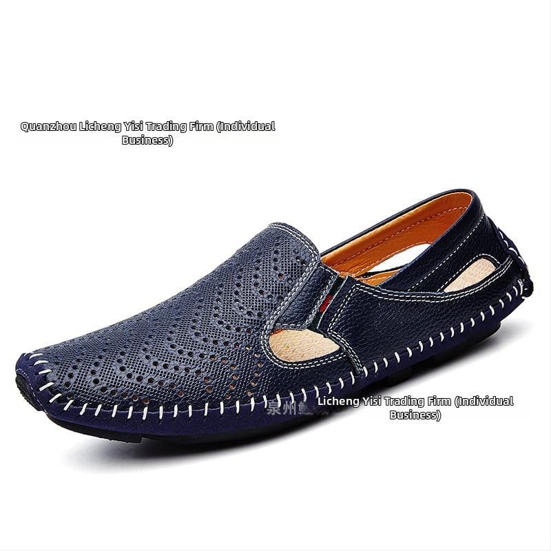 Férfi nyári slip-on szandálok, nagy méretben, könnyű felsőréteg marhabőrből, lélegző perforált kialakítás, hétköznapi‑formális lábbeli