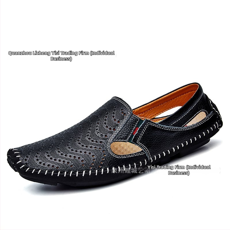 Férfi nyári slip-on szandálok, nagy méretben, könnyű felsőréteg marhabőrből, lélegző perforált kialakítás, hétköznapi‑formális lábbeli