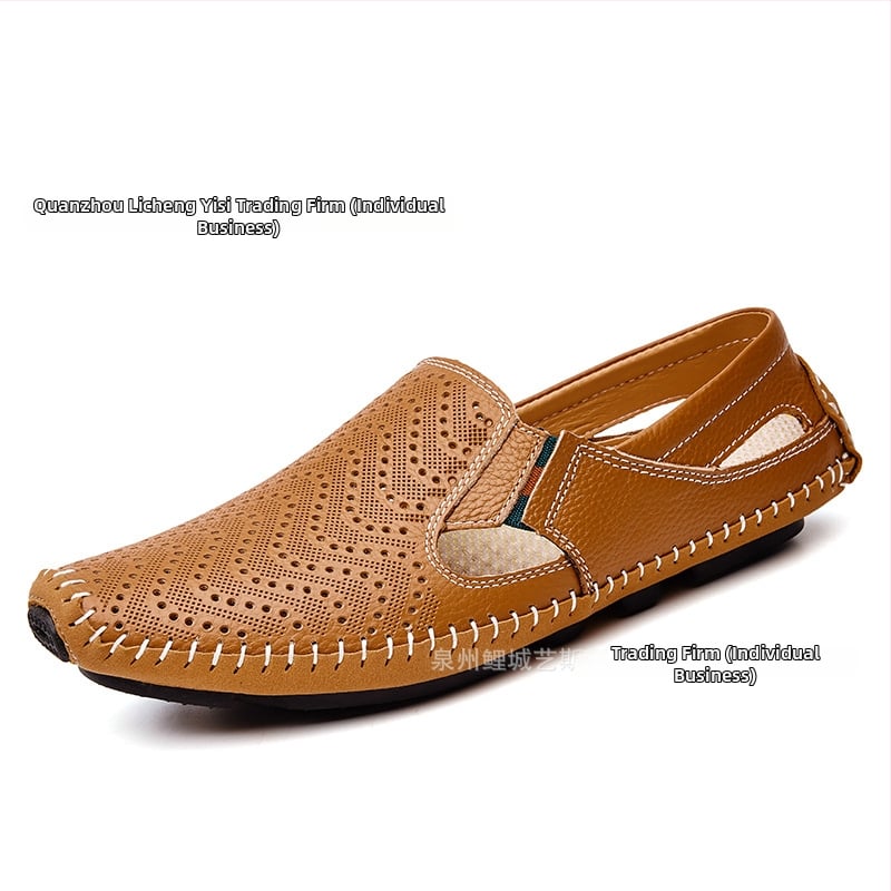 Férfi nyári slip-on szandálok, nagy méretben, könnyű felsőréteg marhabőrből, lélegző perforált kialakítás, hétköznapi‑formális lábbeli
