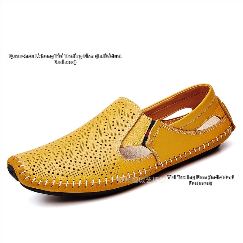 Férfi nyári slip-on szandálok, nagy méretben, könnyű felsőréteg marhabőrből, lélegző perforált kialakítás, hétköznapi‑formális lábbeli