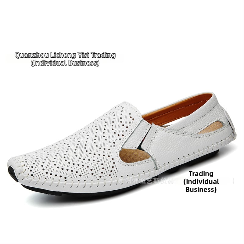 Férfi nyári slip-on szandálok, nagy méretben, könnyű felsőréteg marhabőrből, lélegző perforált kialakítás, hétköznapi‑formális lábbeli