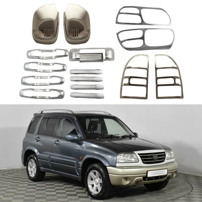 Suzuki Escudo 2.0 külső tartozékok: visszapillantó tükörfedél, ajtókilincs dekoráció, fényszórófedél és más külső kiegészítők.