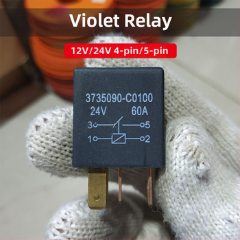 12V/24V 60A fialové automobilové relé, vysokoprúdové, kompaktné, 4- alebo 5-pinové