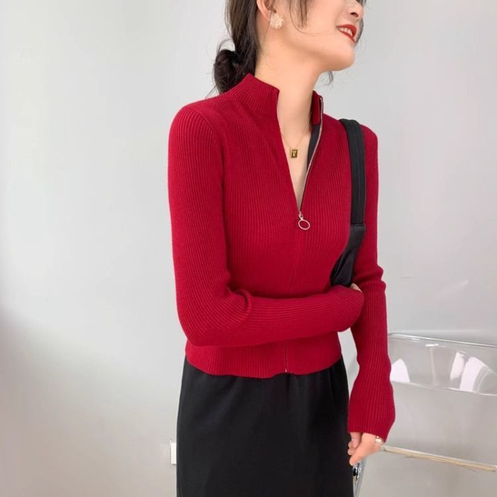 Κοντό cardigan με φερμουάρ και στέκεται γιακά, ρετρό γαλλικό casual στυλ, εφαρμοστό για μικρό ανάστημα, πλεκτό