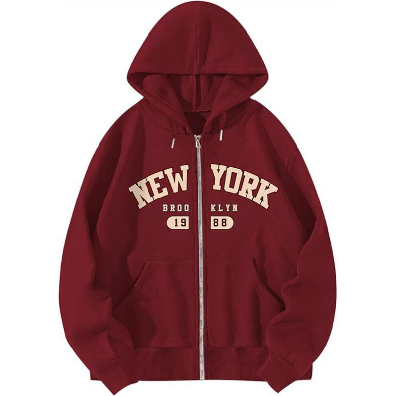 2025 Νέα μόδα hoodie με εκτύπωση γραμμάτων και φερμουάρ, unisex φλίς φούτερ για φθινόπωρο-χειμώνα, μαύρο, κόκκινο και άλλες αποχρώσεις
