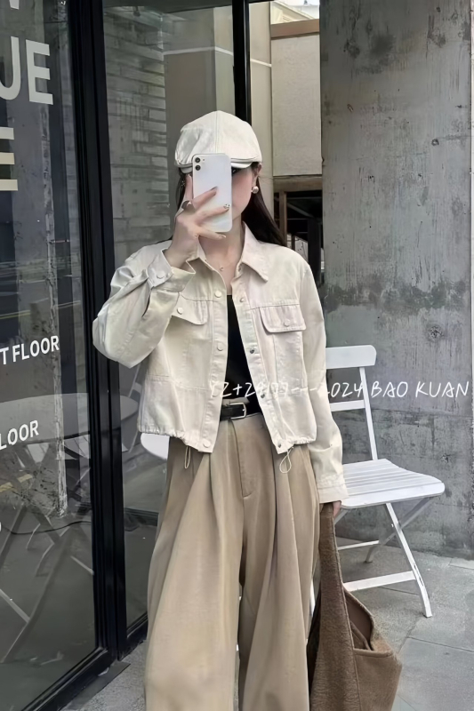 Γυναικεία ελαφριά denim-βαμβακερή πουκάμισο-ζακέτα με μακριά μανίκια, χρωματικό-block μοτίβο, χαλαρή γραμμή, κοντό μήκος, πέτο γιακάς, κορεατικό στυλ άνοιξη-φθινόπωρο 2026