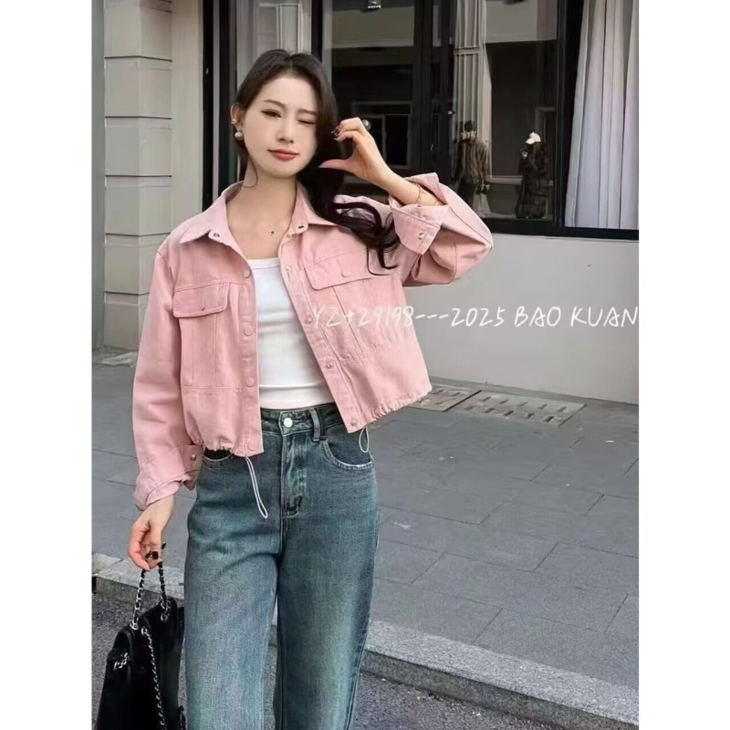 Γυναικεία ελαφριά denim-βαμβακερή πουκάμισο-ζακέτα με μακριά μανίκια, χρωματικό-block μοτίβο, χαλαρή γραμμή, κοντό μήκος, πέτο γιακάς, κορεατικό στυλ άνοιξη-φθινόπωρο 2026