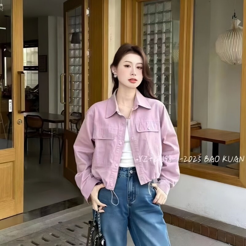 Γυναικεία ελαφριά denim-βαμβακερή πουκάμισο-ζακέτα με μακριά μανίκια, χρωματικό-block μοτίβο, χαλαρή γραμμή, κοντό μήκος, πέτο γιακάς, κορεατικό στυλ άνοιξη-φθινόπωρο 2026