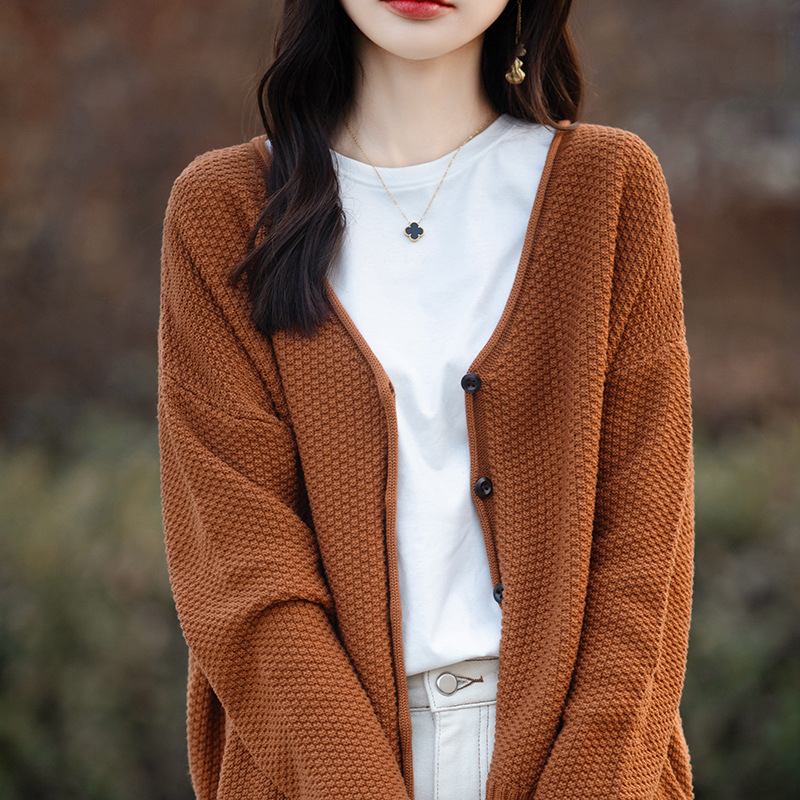 Γυναικείο πλεκτό ζακετάκι από βαμβάκι με V-λαιμό, ρολά άκρη, μακριά μανίκια, στυλ γραφείου.