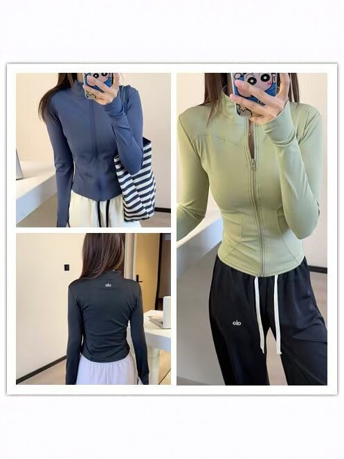 ALO Γυναικείο μακρυμάνικο τοπ γιόγκα με γιακά-στάση και φερμουάρ, ελαφρύ αθλητικό μπουφάν για την άνοιξη, μονόχρωμο, πολυχρηστικό