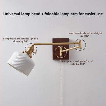 Nástenná lampa s výkyvným ramenom pri posteli z masívneho dreva čierneho orechového dreva, vintage americký a japonský štýl, lampa na čítanie