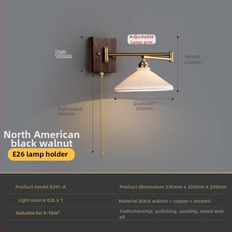 Nástenná lampa s výkyvným ramenom pri posteli z masívneho dreva čierneho orechového dreva, vintage americký a japonský štýl, lampa na čítanie