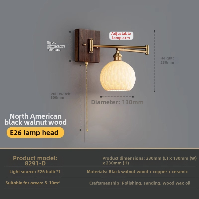 Nástenná lampa s výkyvným ramenom pri posteli z masívneho dreva čierneho orechového dreva, vintage americký a japonský štýl, lampa na čítanie