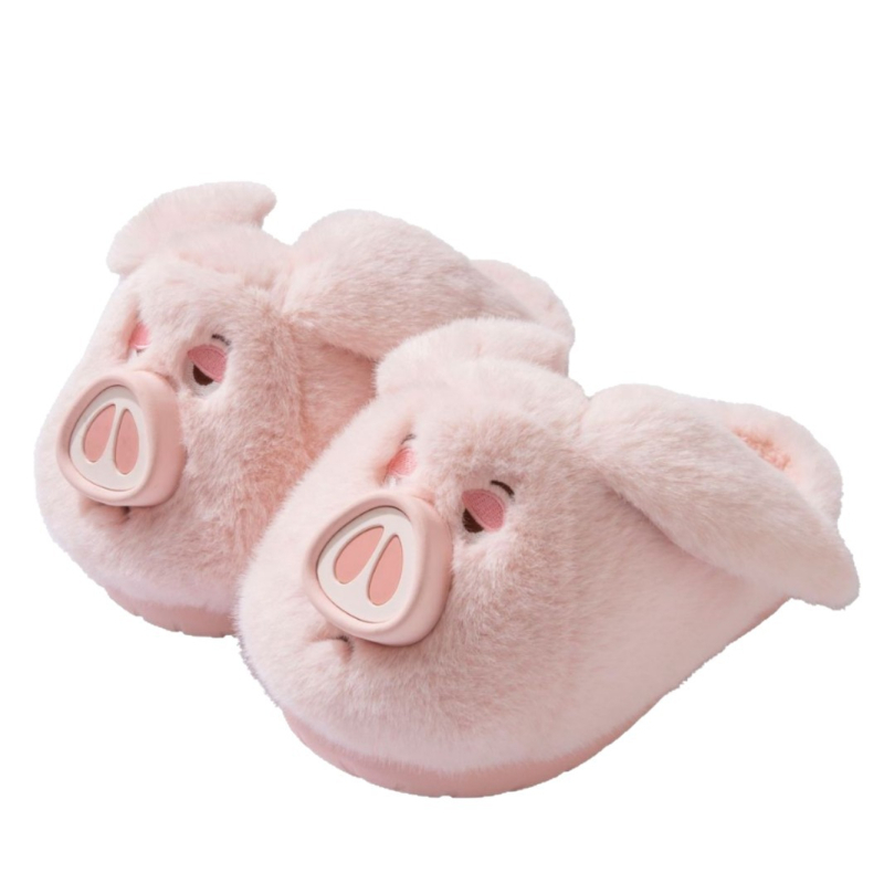 Papuci de damă din bumbac - design purcel roz, pluș, talpă groasă, antiderapante, pentru interior și exterior