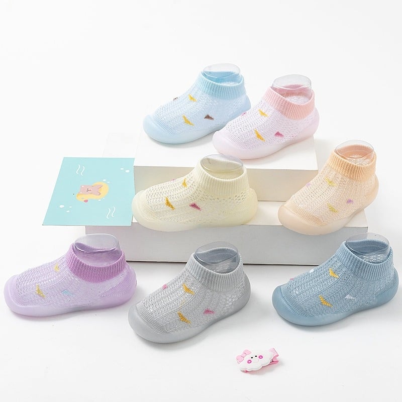 Pantofi bebeluși din plasă respirabilă, încălțăminte tip șosetă, talpă moale, interior, unisex, 0–3 ani, vară, antiderapant.