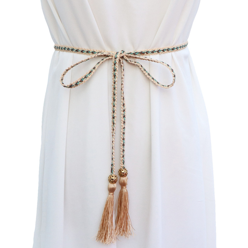 Εθνοστυλ χειροποίητη ζώνη μέσης με φούντες για γυναίκες – βαμβακερή πλεκτή ζώνη για φορέματα, απλή και κομψή