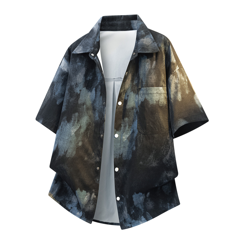 Ανδρικό πουκάμισο με gradient tie-dye, κοντομάνικο, σχεδίαση σε στυλ cardigan, καλοκαιρινή μόδα σε ink-wash έμπνευση από το Χονγκ Κονγκ