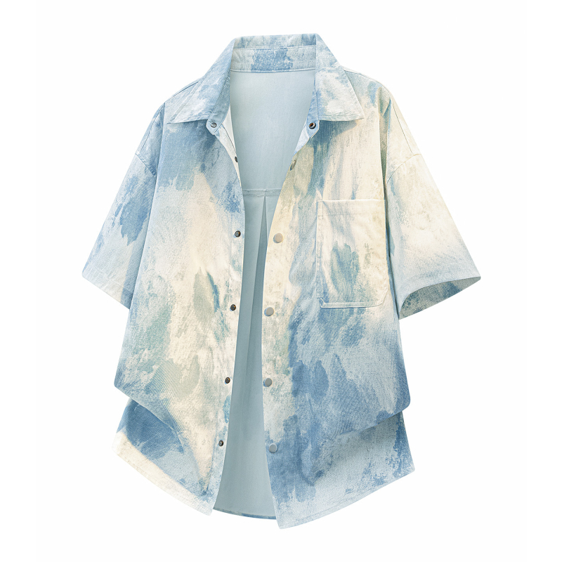 Ανδρικό πουκάμισο με gradient tie-dye, κοντομάνικο, σχεδίαση σε στυλ cardigan, καλοκαιρινή μόδα σε ink-wash έμπνευση από το Χονγκ Κονγκ