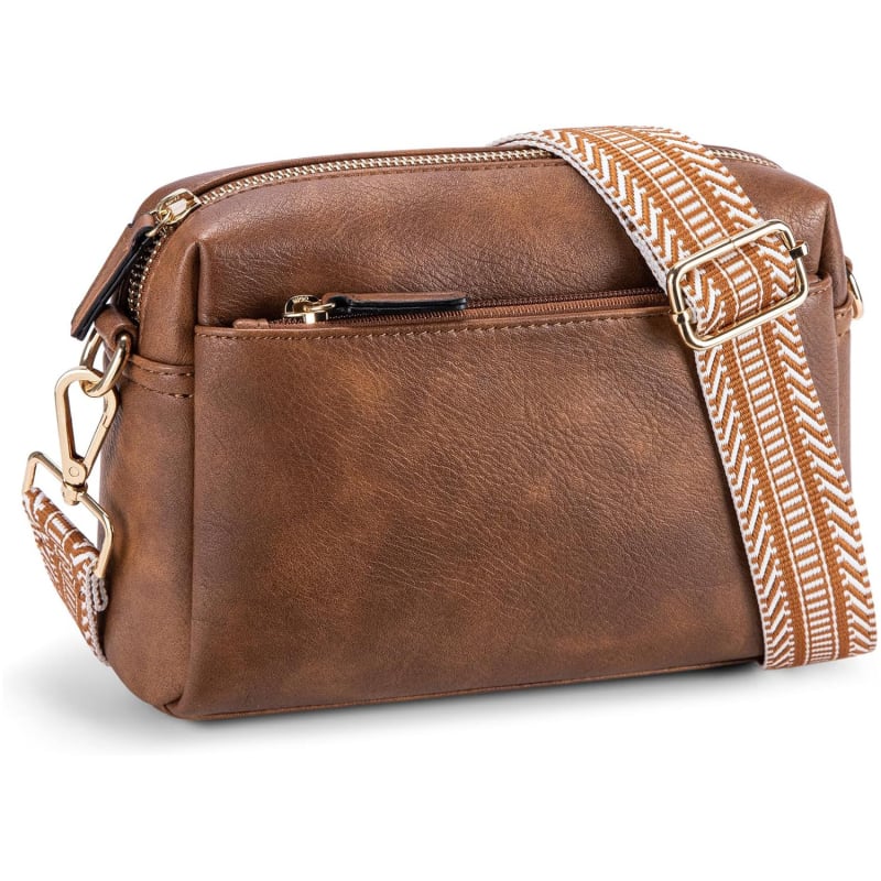 Μικρή γυναικεία τσάντα crossbody με τρία φερμουάρ, PU δερμάτινη τσάντα για κινητό και πολύχρωμο ιμάντα στον ώμο