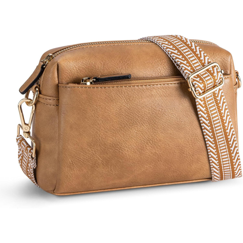 Μικρή γυναικεία τσάντα crossbody με τρία φερμουάρ, PU δερμάτινη τσάντα για κινητό και πολύχρωμο ιμάντα στον ώμο