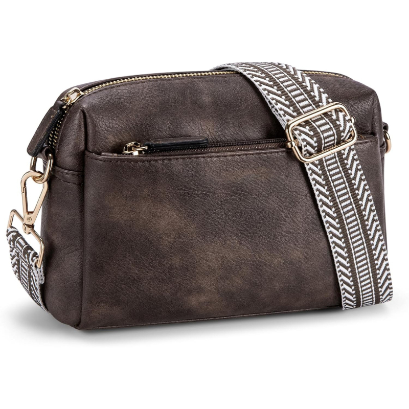 Μικρή γυναικεία τσάντα crossbody με τρία φερμουάρ, PU δερμάτινη τσάντα για κινητό και πολύχρωμο ιμάντα στον ώμο