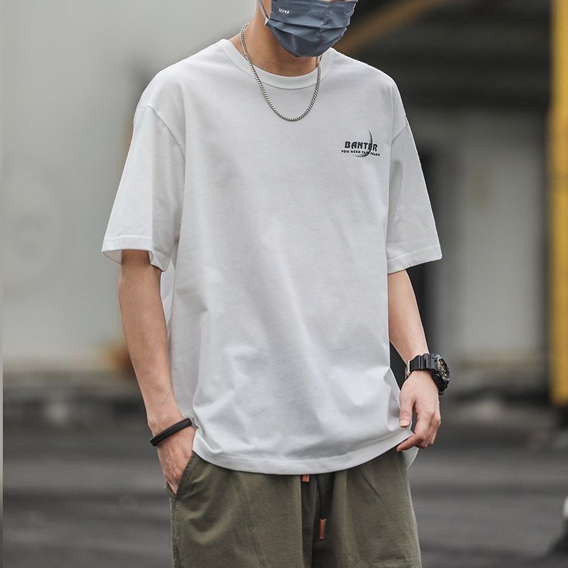 Ανδρική κοντομάνικη T‑shirt από 100% βαμβάκι, καλοκαιρινό μπλε, χαλαρή γραμμή, plus size, αμερικάνικο streetwear στυλ, εκτύπωση ιαπωνικού αλφαβήτου
