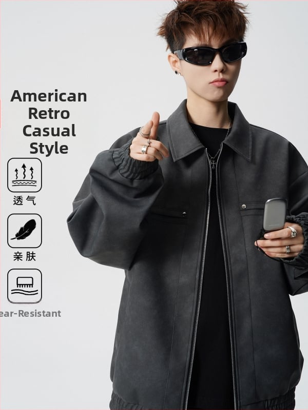 Jarná pánska bunda z PU kože v americkom retro štýle, s golierom na klope a zapínaním na zips, voľný strih, zamatová podšívka, bočné vrecká, vhodná na jar a jeseň