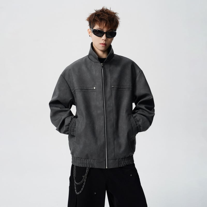 Geacă din piele PU pentru bărbați, în stil american retro, cu rever și închidere cu fermoar, croială lejeră, căptușeală din catifea, potrivită pentru primăvară și toamnă