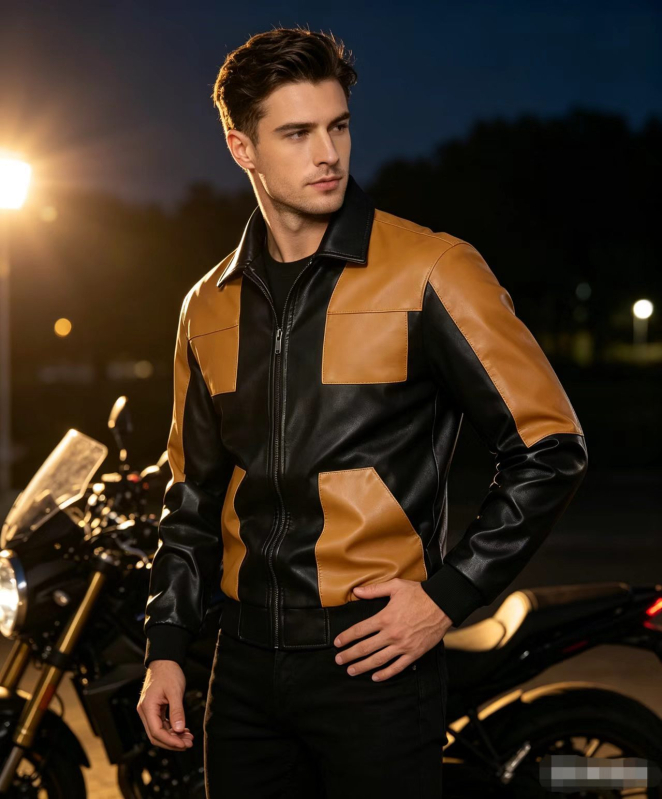 Jachetă motocicletă color-block 2026 pentru primăvară-toamnă, jachetă din PU pentru bărbați cu rever