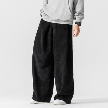 Plus-Size παντελόνια από corduroy, κινεζο-ιαπωνικού στυλ, χαλαρή γραμμή ίσια-ευρεία, casual, φθινοπωρινό-χειμερινό 2024