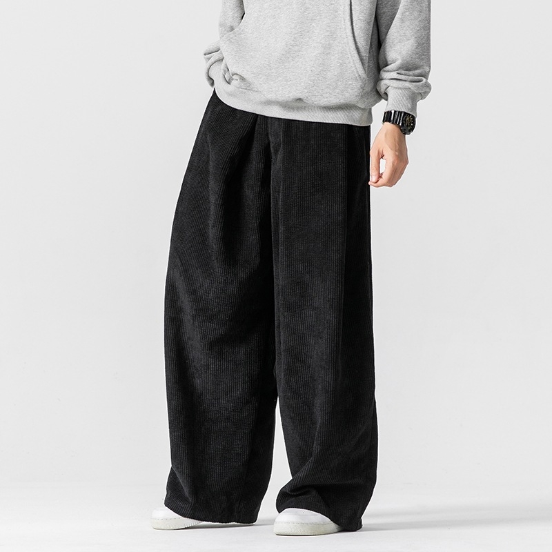Plus-Size παντελόνια από corduroy, κινεζο-ιαπωνικού στυλ, χαλαρή γραμμή ίσια-ευρεία, casual, φθινοπωρινό-χειμερινό 2024