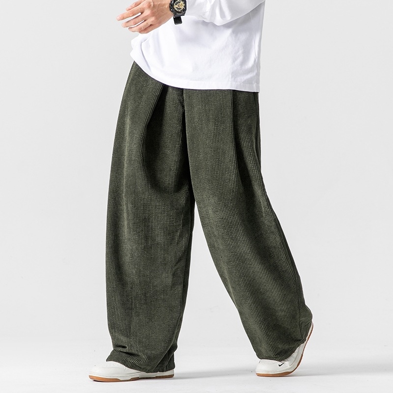 Plus-Size παντελόνια από corduroy, κινεζο-ιαπωνικού στυλ, χαλαρή γραμμή ίσια-ευρεία, casual, φθινοπωρινό-χειμερινό 2024