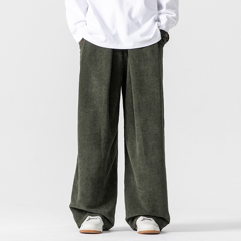 Plus-Size παντελόνια από corduroy, κινεζο-ιαπωνικού στυλ, χαλαρή γραμμή ίσια-ευρεία, casual, φθινοπωρινό-χειμερινό 2024