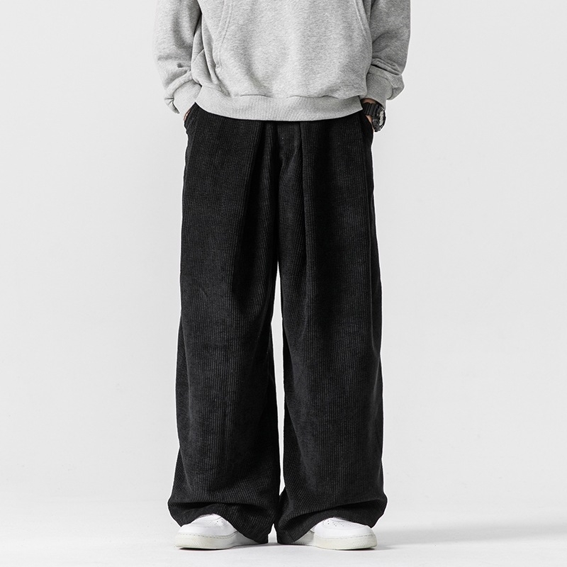 Plus-Size παντελόνια από corduroy, κινεζο-ιαπωνικού στυλ, χαλαρή γραμμή ίσια-ευρεία, casual, φθινοπωρινό-χειμερινό 2024