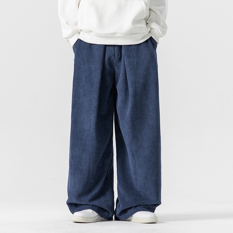 Plus-Size παντελόνια από corduroy, κινεζο-ιαπωνικού στυλ, χαλαρή γραμμή ίσια-ευρεία, casual, φθινοπωρινό-χειμερινό 2024