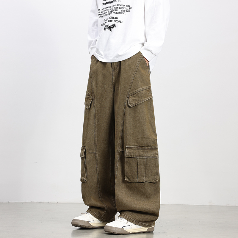 Ανδρικά cargo παντελόνια σε μεγάλο μέγεθος με επένδυση φλίς για φθινόπωρο-χειμώνα, αμερικανικό ρετρό στυλ εργασίας, φαρδιά γραμμή με πολλές τσέπες