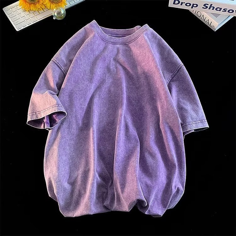 Αμερικανικού ρετρό στυλ βαμβακερό T‑shirt 220 g για άνδρες, καλοκαιρινό πλυμένο vintage κοντομάνικο, streetwear μόδα για ζευγάρια.
