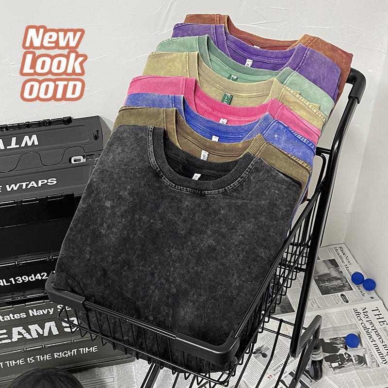 Αμερικανικού ρετρό στυλ βαμβακερό T‑shirt 220 g για άνδρες, καλοκαιρινό πλυμένο vintage κοντομάνικο, streetwear μόδα για ζευγάρια.