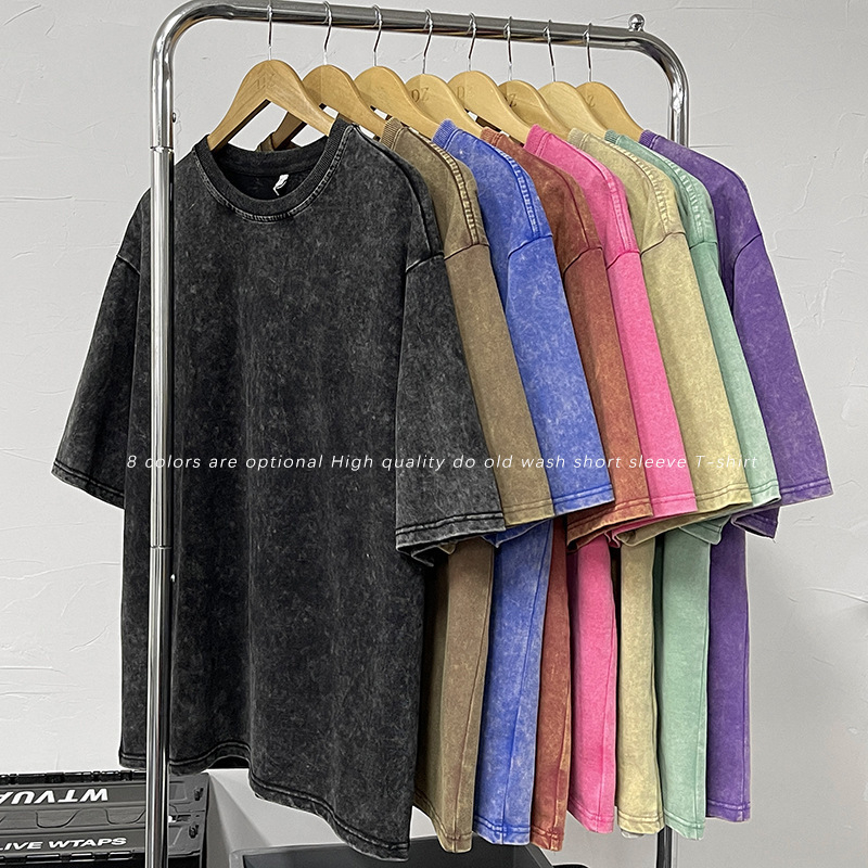 Αμερικανικού ρετρό στυλ βαμβακερό T‑shirt 220 g για άνδρες, καλοκαιρινό πλυμένο vintage κοντομάνικο, streetwear μόδα για ζευγάρια.