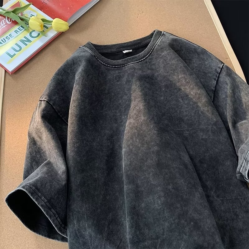 Αμερικανικού ρετρό στυλ βαμβακερό T‑shirt 220 g για άνδρες, καλοκαιρινό πλυμένο vintage κοντομάνικο, streetwear μόδα για ζευγάρια.