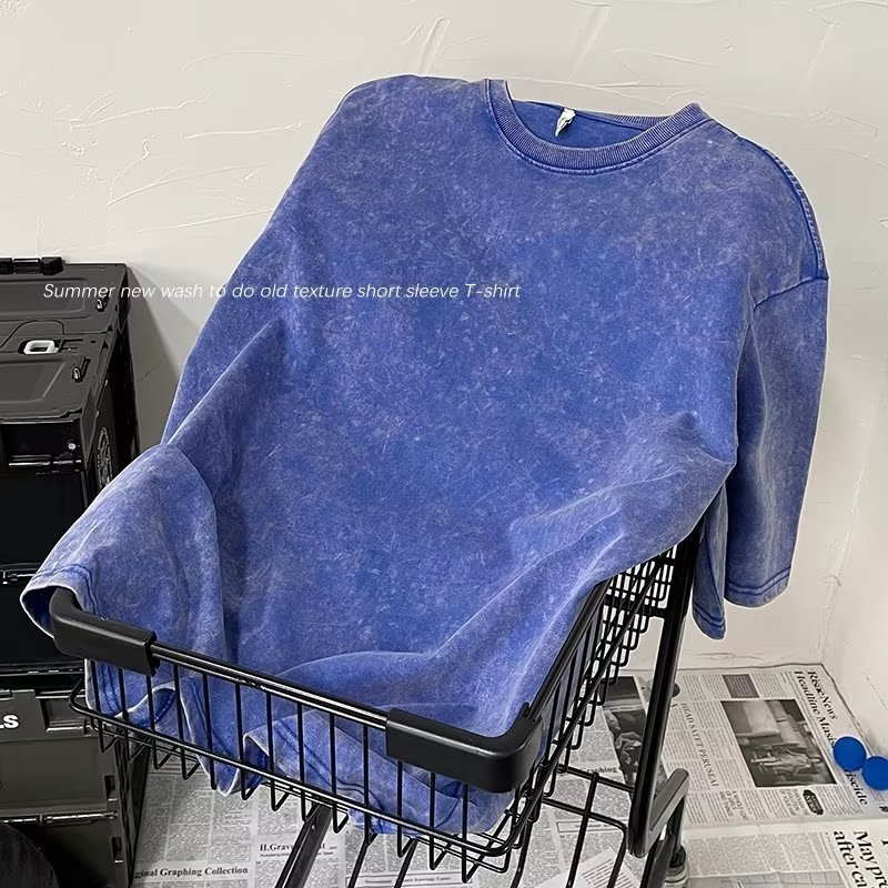 Αμερικανικού ρετρό στυλ βαμβακερό T‑shirt 220 g για άνδρες, καλοκαιρινό πλυμένο vintage κοντομάνικο, streetwear μόδα για ζευγάρια.