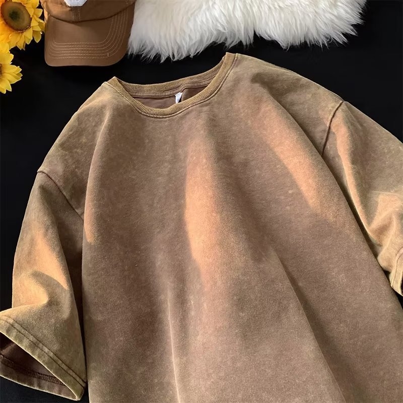 Αμερικανικού ρετρό στυλ βαμβακερό T‑shirt 220 g για άνδρες, καλοκαιρινό πλυμένο vintage κοντομάνικο, streetwear μόδα για ζευγάρια.