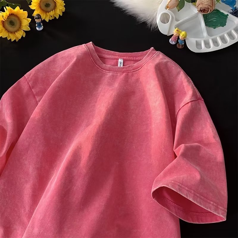 Αμερικανικού ρετρό στυλ βαμβακερό T‑shirt 220 g για άνδρες, καλοκαιρινό πλυμένο vintage κοντομάνικο, streetwear μόδα για ζευγάρια.