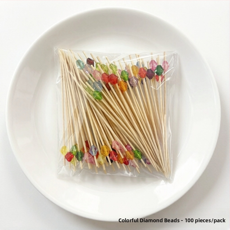 Jednorazové bambusové štipce na ovocie s akrylovými štvorcovými visačkami na dezerty a koktaily, 100 ks v balení