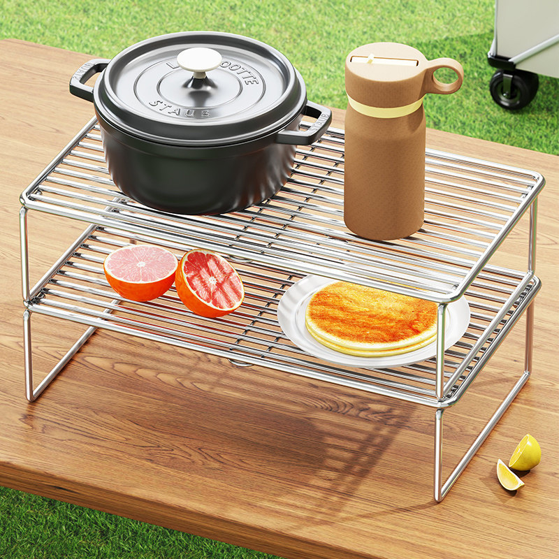 Kültéri grillsütő rács rozsdamentes acélból, kempinges edény- és konyhai kellékek tárolópolca