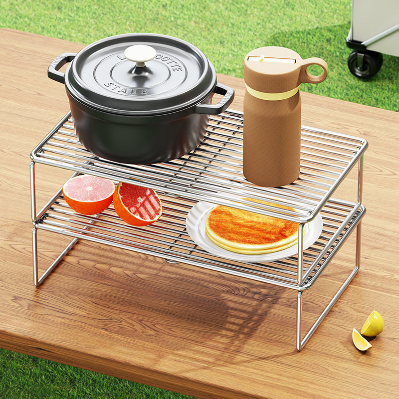 Kültéri grillsütő rács rozsdamentes acélból, kempinges edény- és konyhai kellékek tárolópolca
